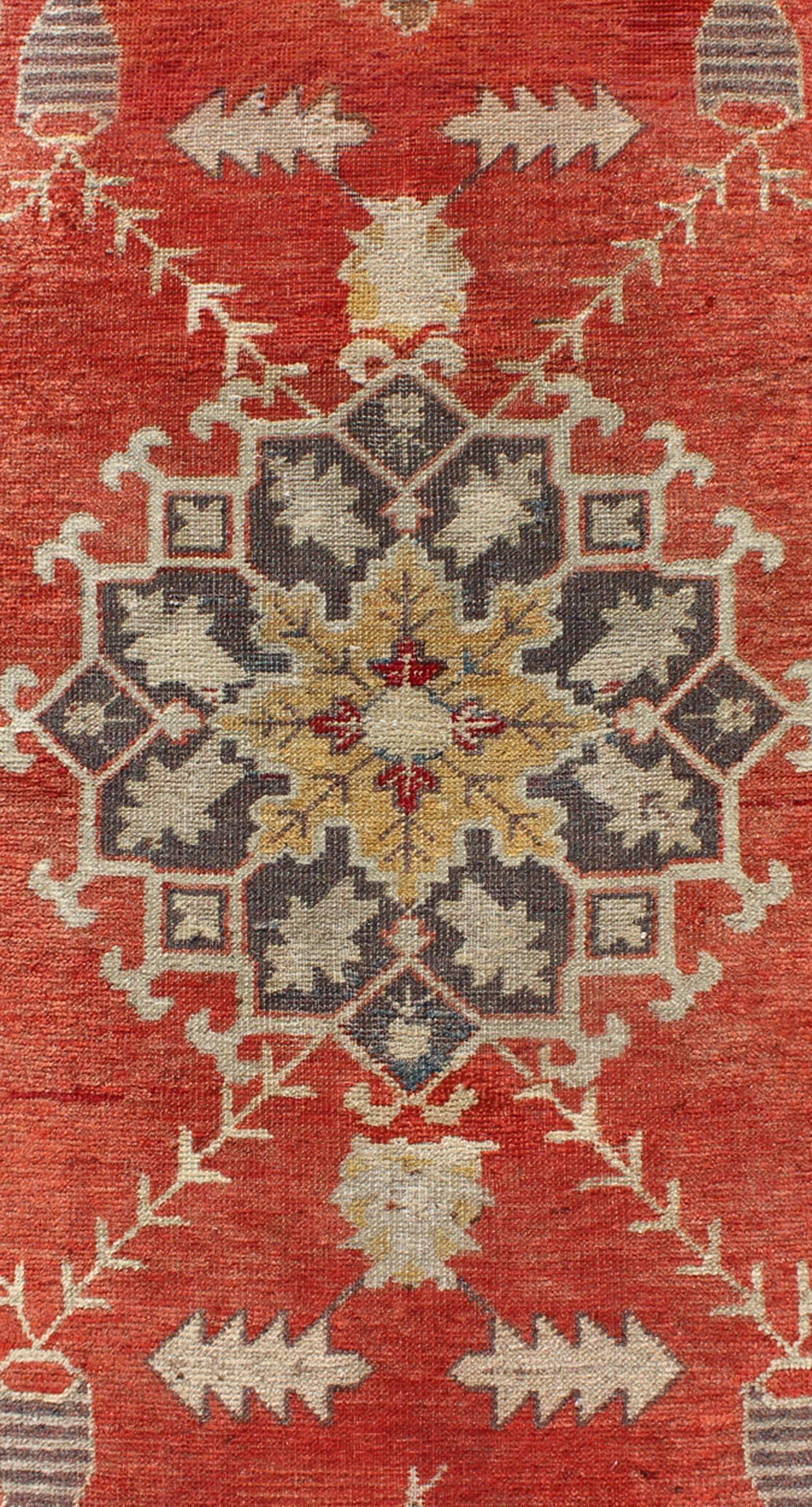 Wool Red and Gray Mid-Century Vintage Turkish Oushak Runner with Floral Medallions For Sale