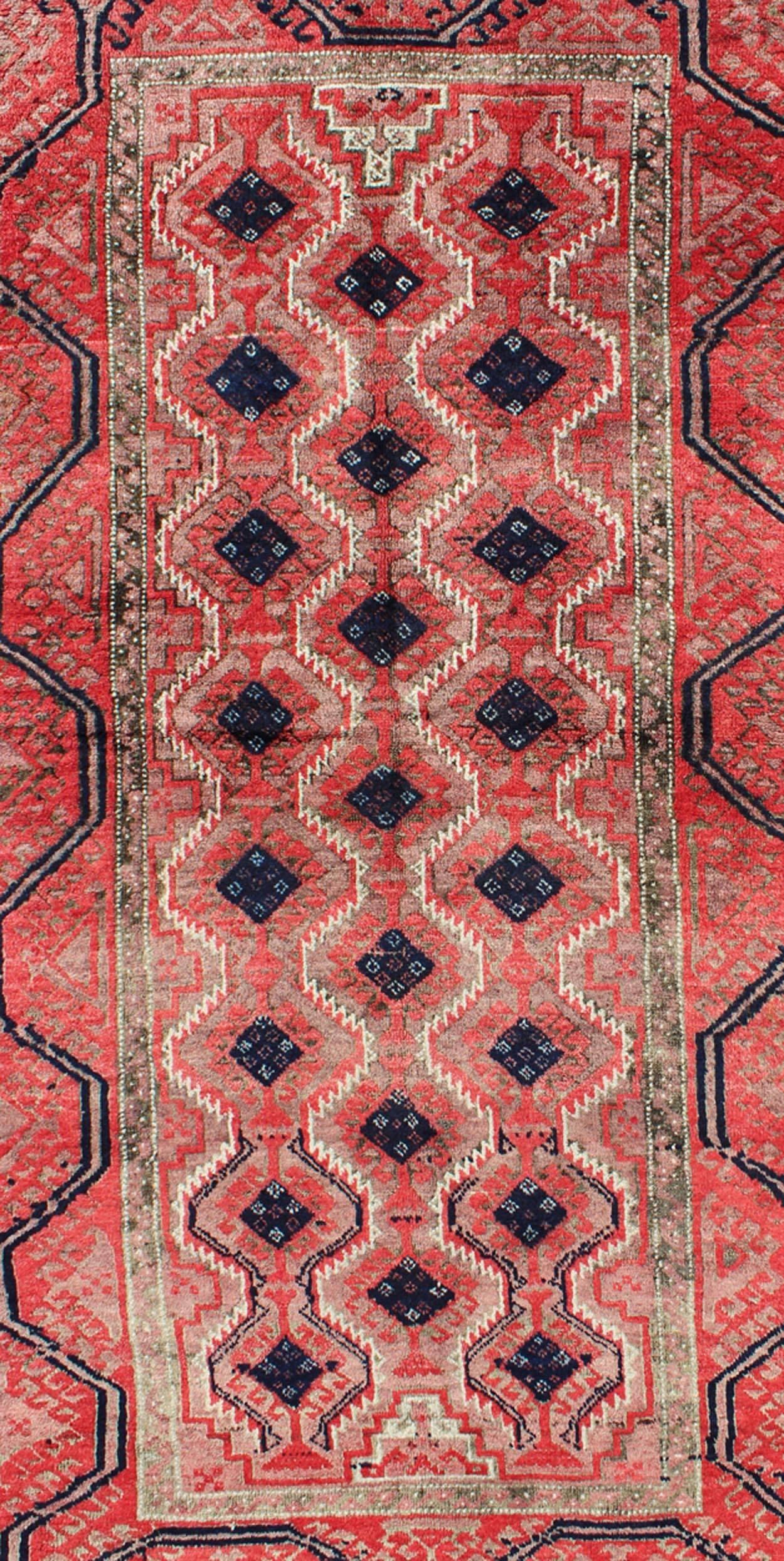Tribal Midcentury Vintage Beluch Rug with All-Over Diamond Pattern in Red & Charcoal For Sale