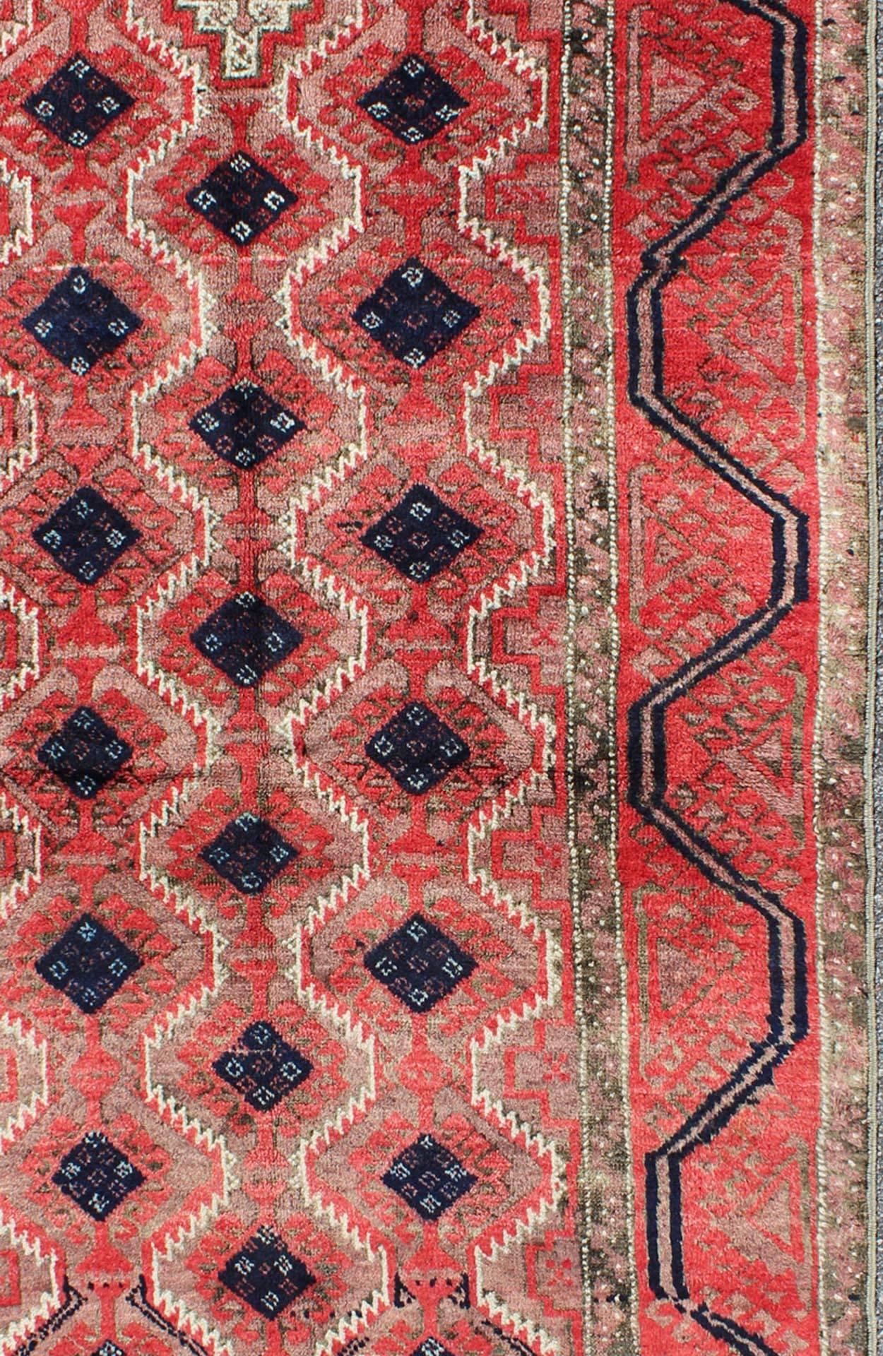 Afghan Midcentury Vintage Beluch Rug with All-Over Diamond Pattern in Red & Charcoal For Sale
