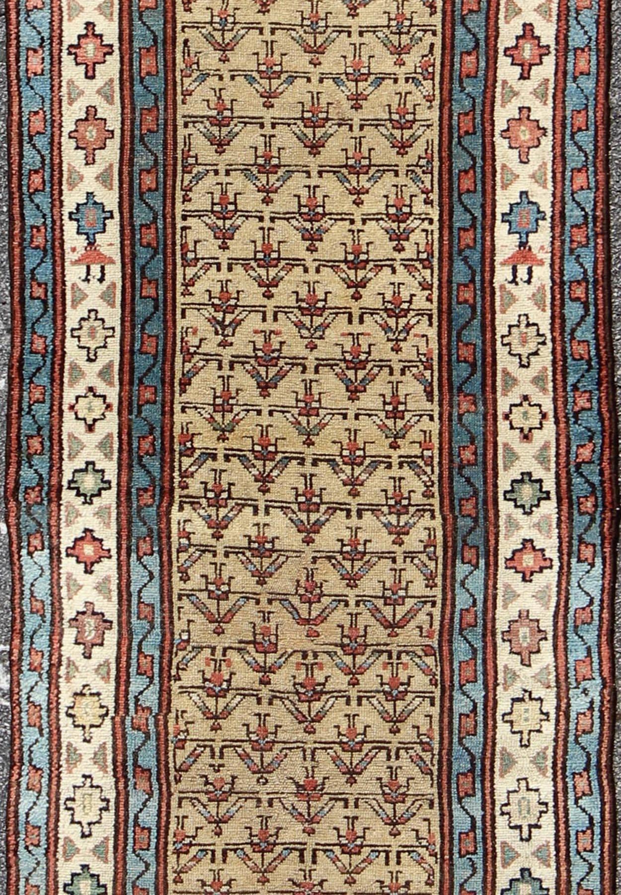 Persian Early 20th Century Tribal Antique Serab Runner with All-Over Pattern in Wheat For Sale