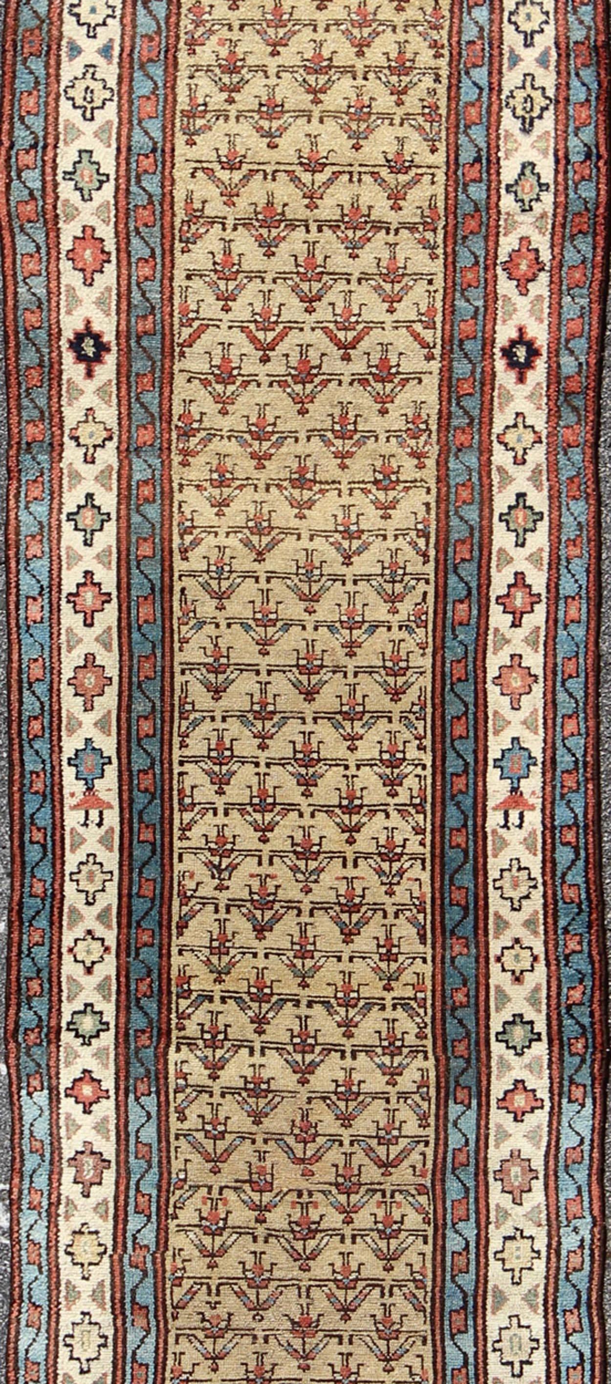 Hand-Knotted Early 20th Century Tribal Antique Serab Runner with All-Over Pattern in Wheat For Sale