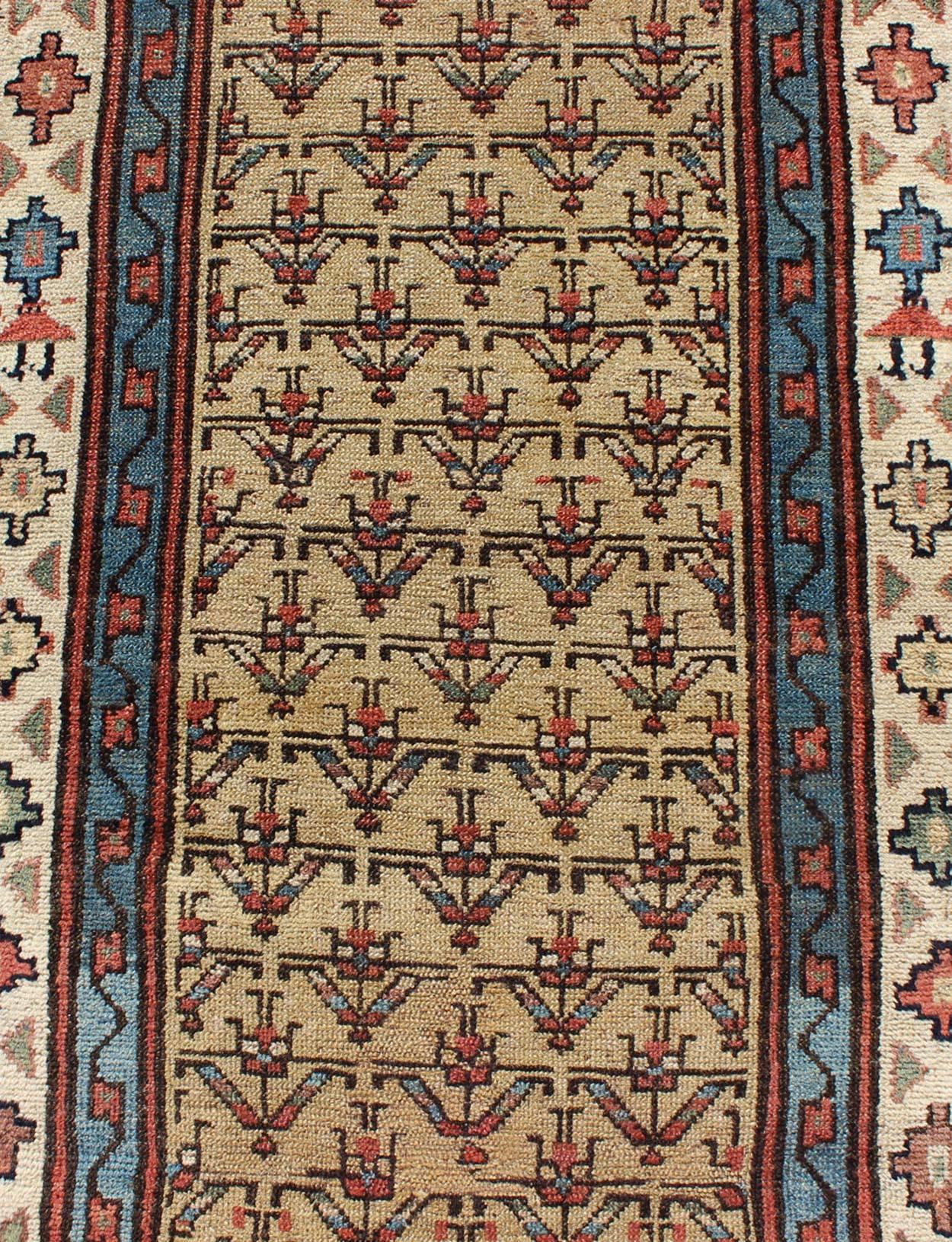 Wool Early 20th Century Tribal Antique Serab Runner with All-Over Pattern in Wheat For Sale