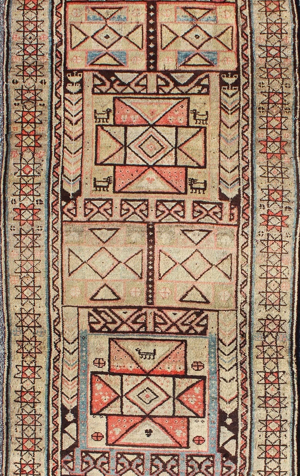 Hand-Knotted Tribal Antique Serab Runner with Colorful Geometric Pattern