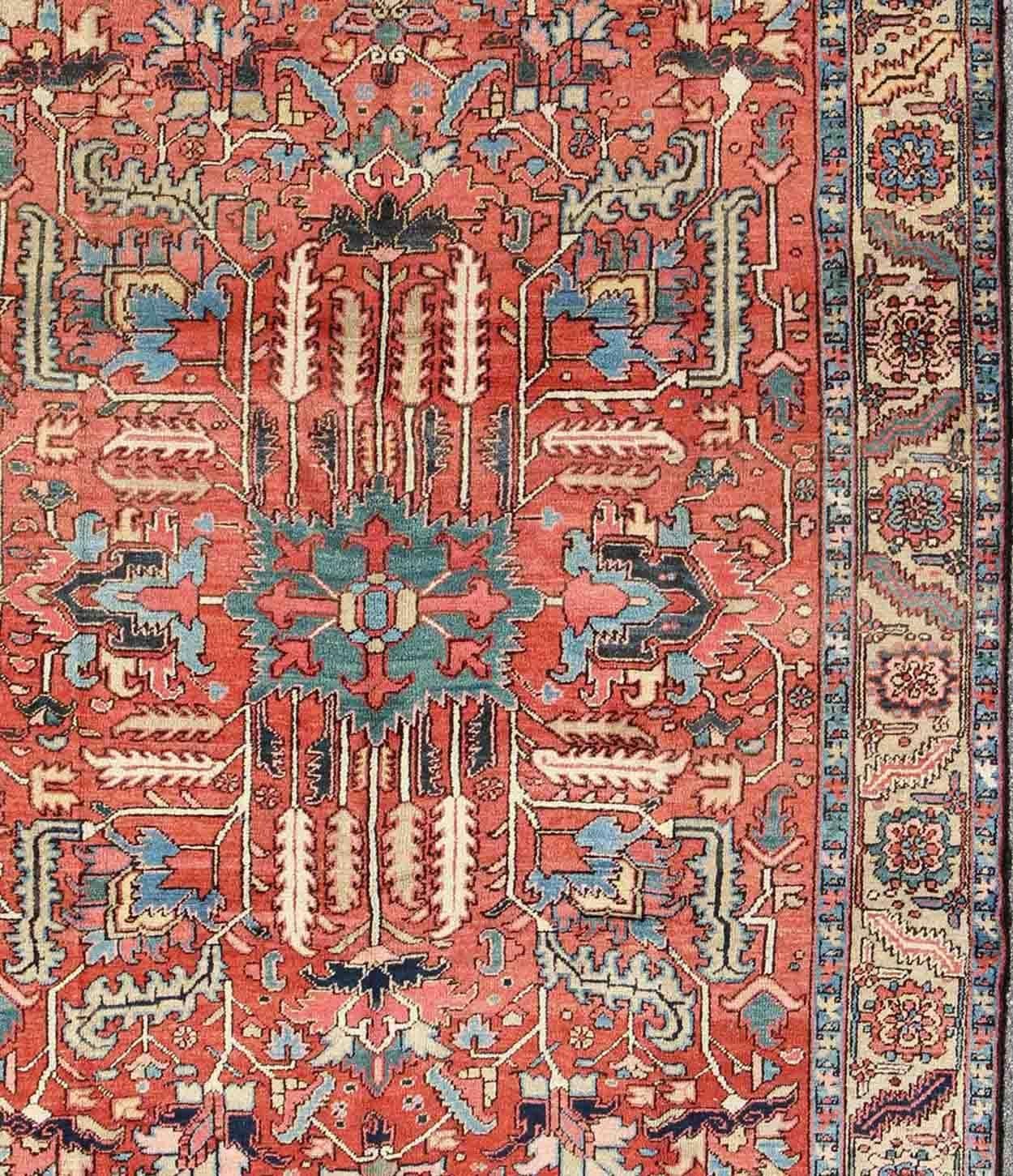 Persian Antique All Over Serapi Goravan Rug in Soft Red, Yellow, L. Blue & L. Green For Sale