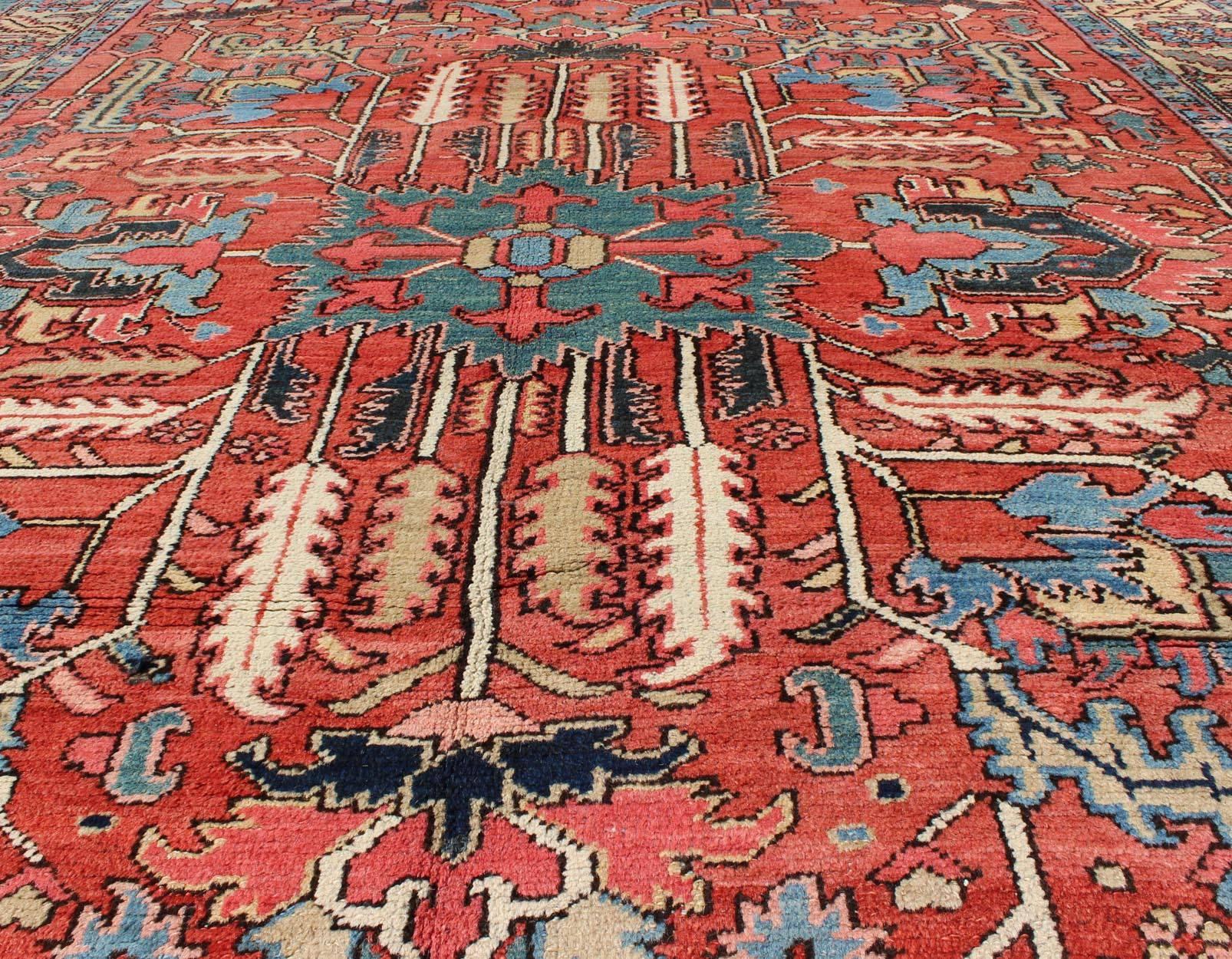 Antique All Over Serapi Goravan Rug in Soft Red, Yellow, L. Blue & L. Green In Excellent Condition For Sale In Atlanta, GA