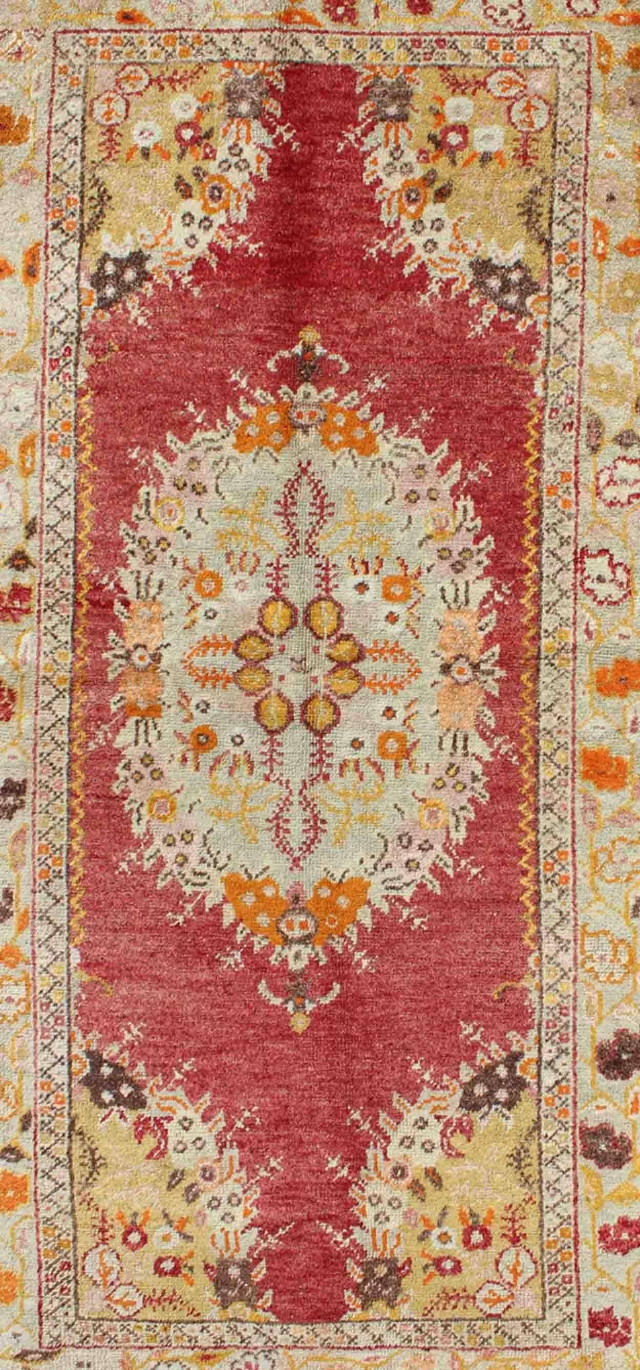 Hand-Knotted 1940's Vintage Turkish Oushak With Floral Central Medallion and Flower Cornices For Sale