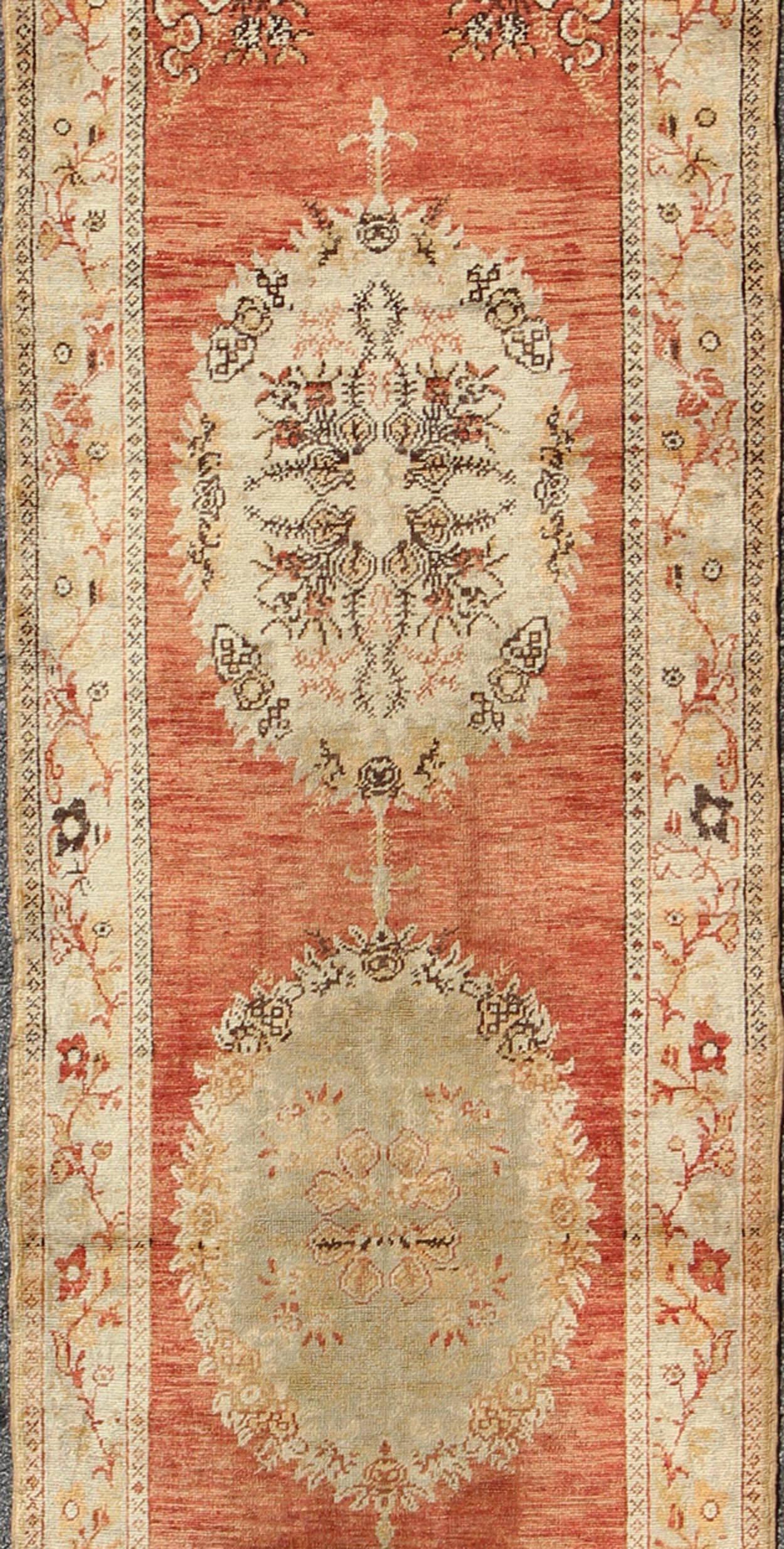 Hand-Knotted Oushak Runner With Floral Medallions in Soft Orange Red, Olive Green & Ivory For Sale