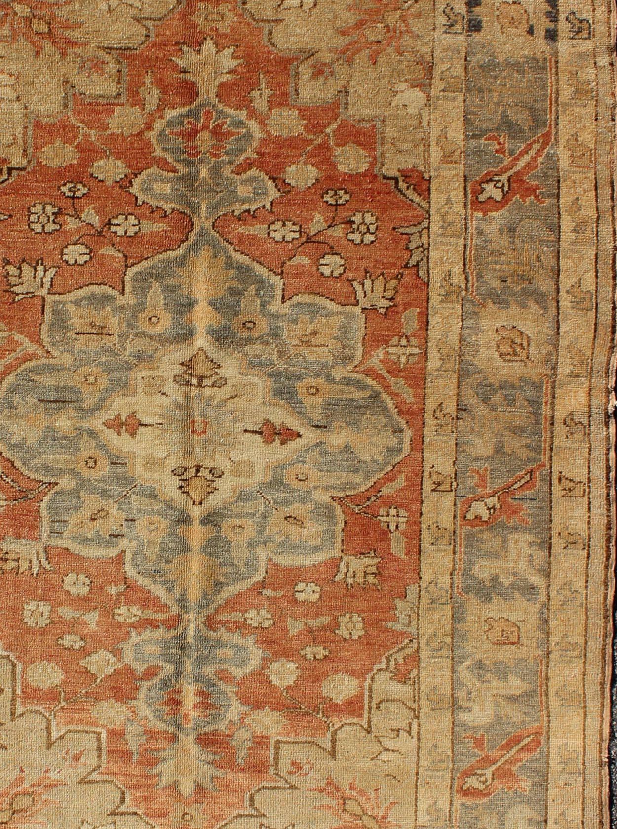 Antique Turkish Oushak Rug with Floral Motifs in Soft Orange, Grey and Taupe In Good Condition For Sale In Atlanta, GA