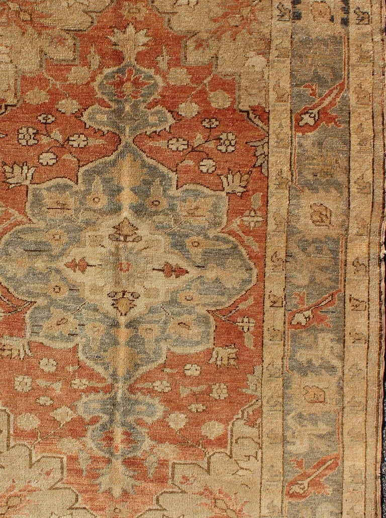 Antique Turkish Oushak Rug with Floral Motifs in Soft Orange, Grey and