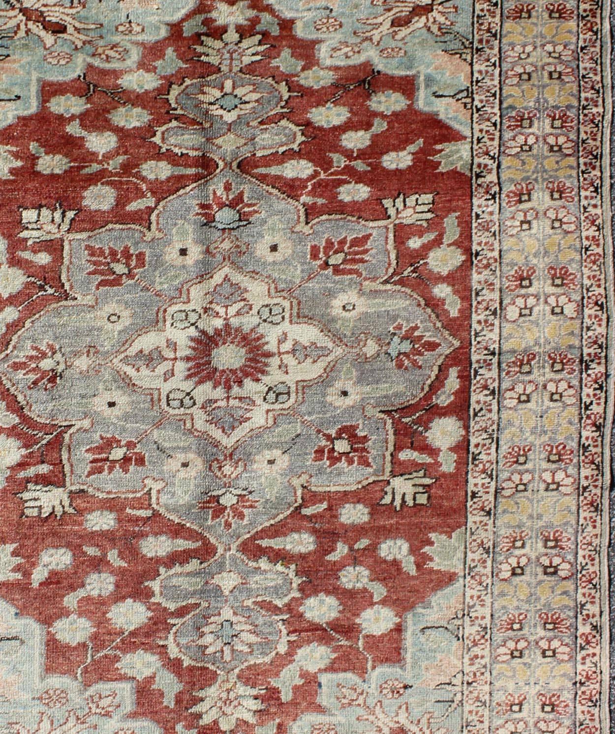 Hand-Knotted Vintage Turkish Sivas Fine Rug in Red, Light Blue, Gray & Light Yellow Green For Sale
