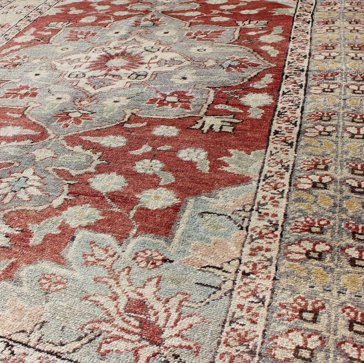 Vintage Turkish Sivas Fine Rug in Red, Light Blue, Gray & Light Yellow Green In Good Condition For Sale In Atlanta, GA