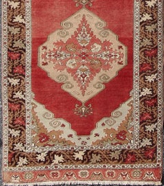 Antique Turkish Oushak Runner with Elegant Red Medallions With Brown
