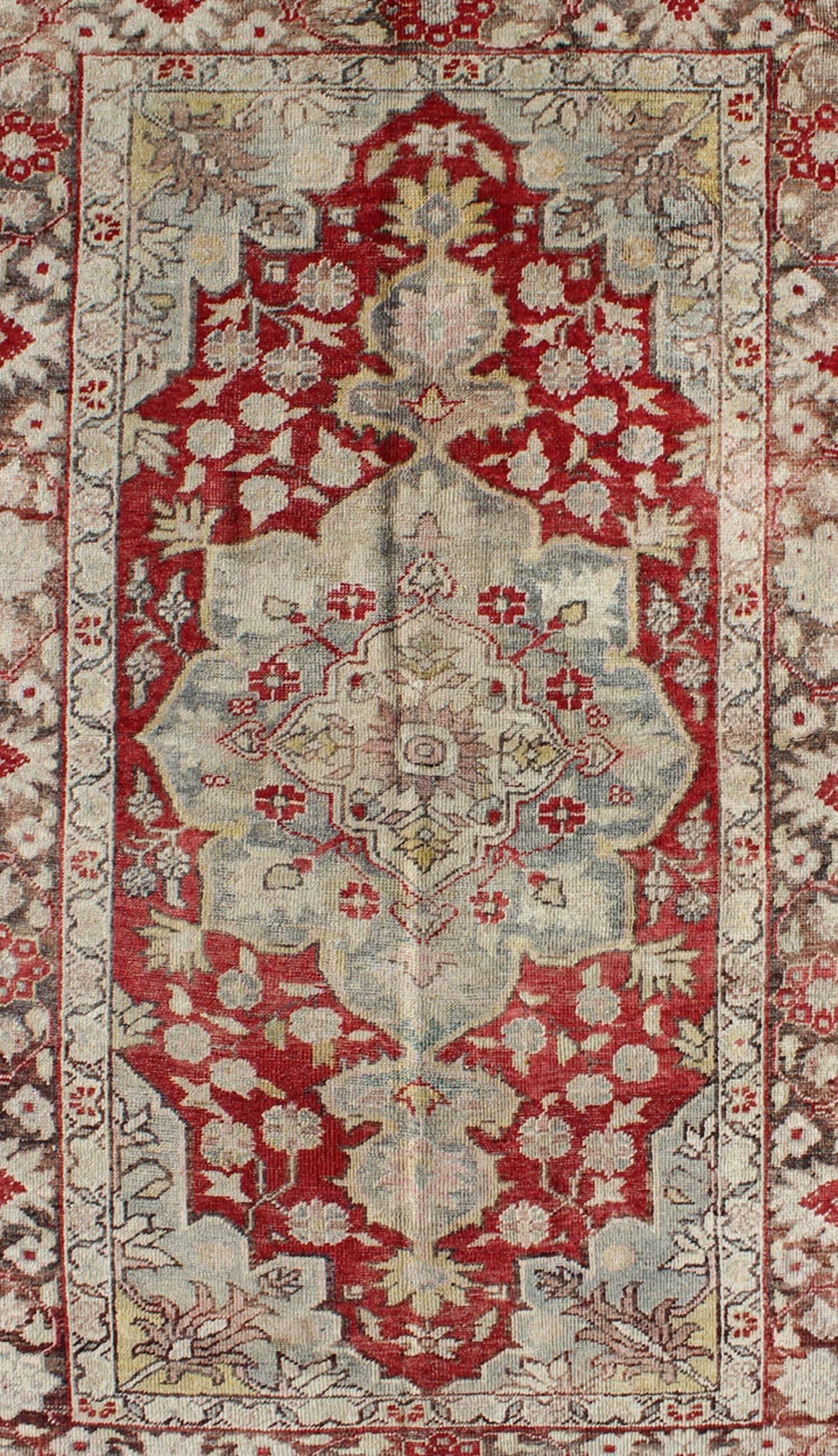 Hand-Knotted Vintage Hand Knotted Turkish Oushak Rug with Medallion Floral Design For Sale