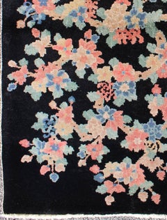 Art Deco Chinese Rug with Black Background and Flower Bouquet in Pastel Colors