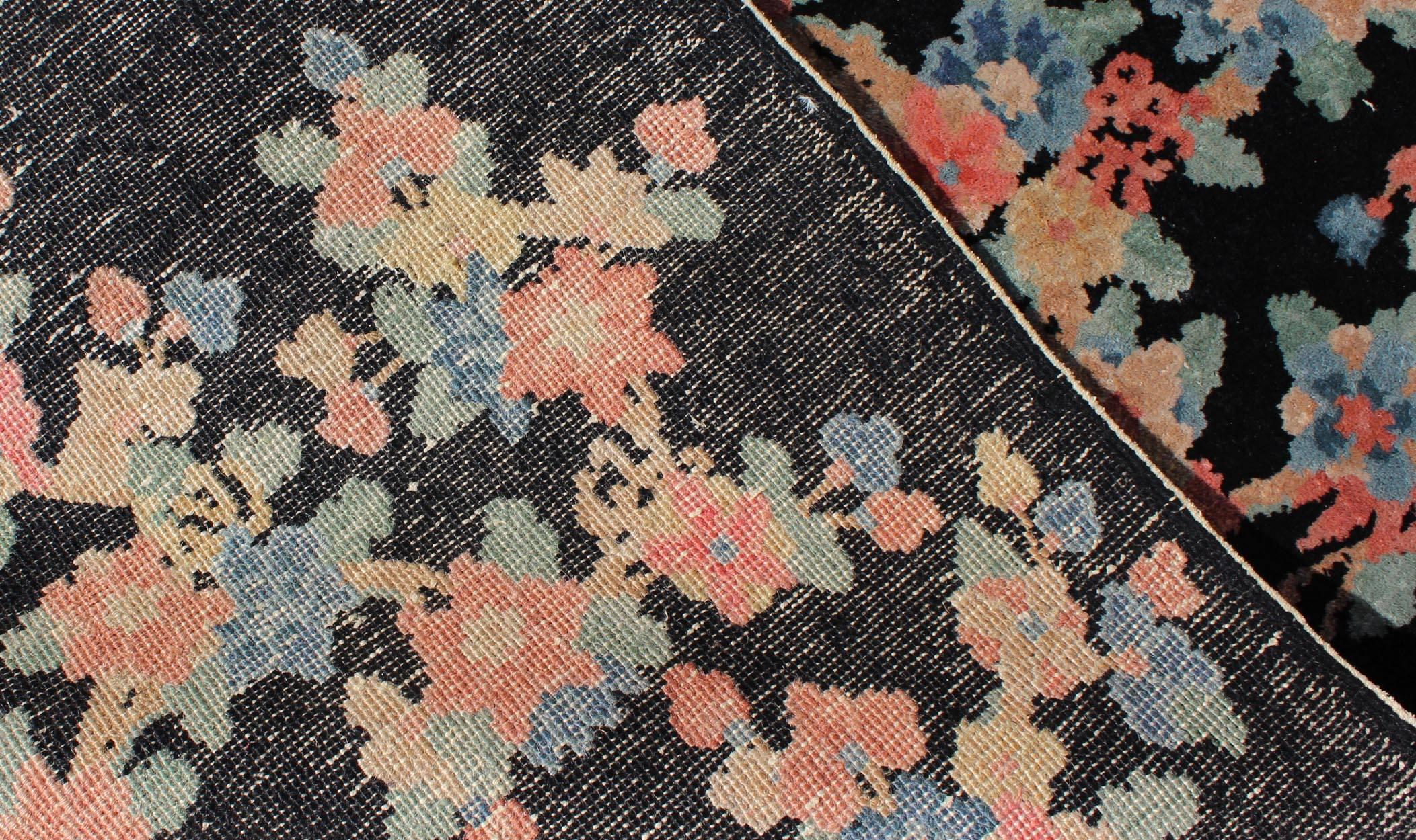 Hand-Knotted Art Deco Chinese Rug with Black Background and Flower Bouquet in Pastel Colors For Sale