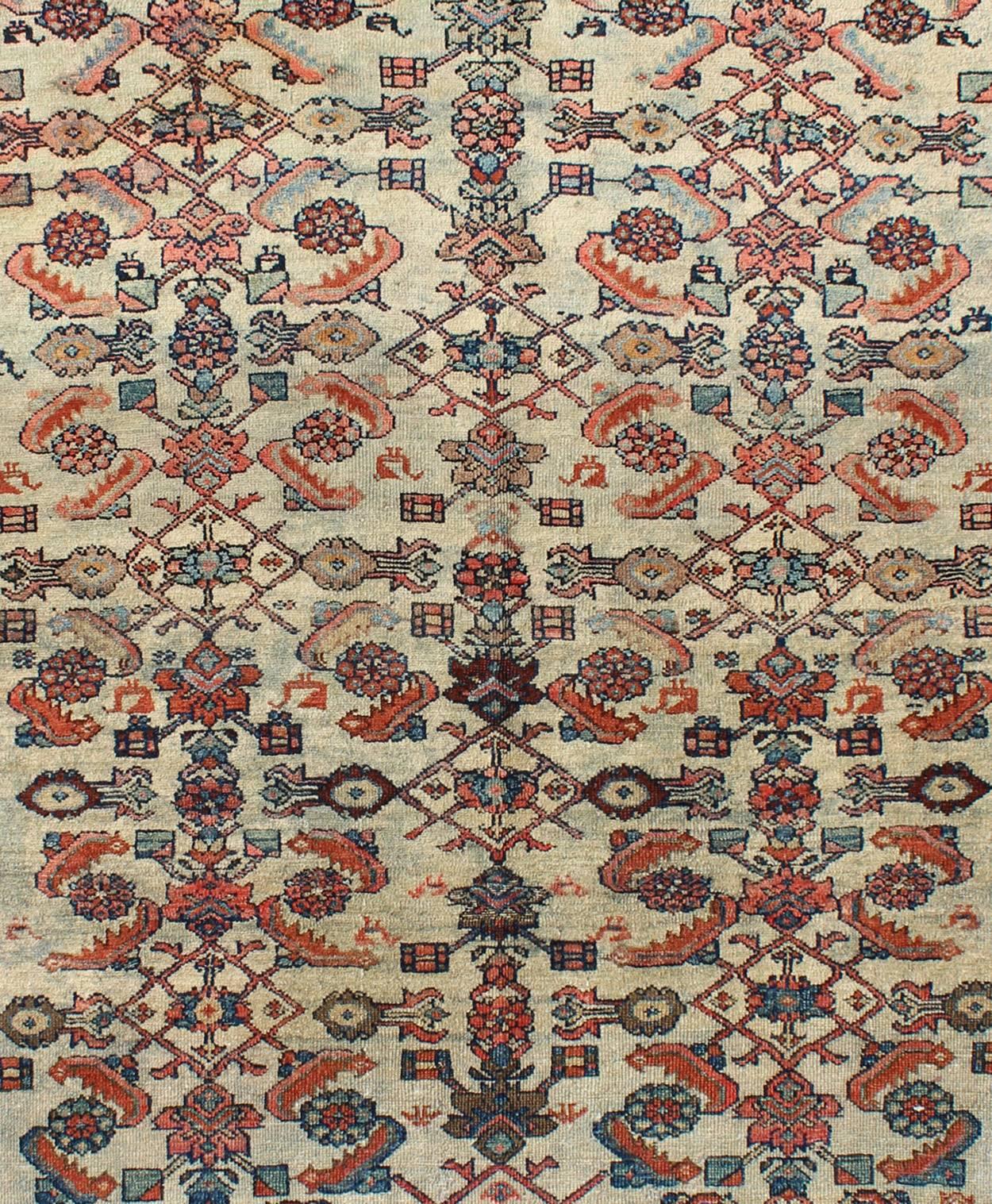 Hand-Knotted Antique Persian Malayer Rug with All-Over Sub-Geometric Design in Red and Blue For Sale
