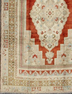 Vintage Turkish Oushak Rug with Brick Red, Ivory, and Soft Blue Accents