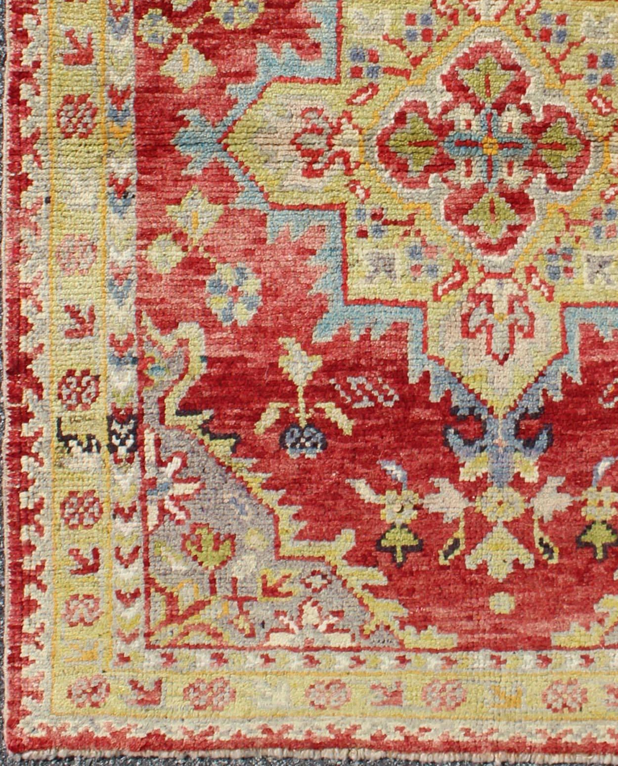  Antique Turkish Oushak  Medallion Rug in Red, Lime Green, Gray & Light Blue.                
Central Medallion Antique Turkish Oushak Rug in Red, Lime Green, Gray, light blue and Ivory, Keivan Woven Arts/ rug CA-12733, country of origin / type: