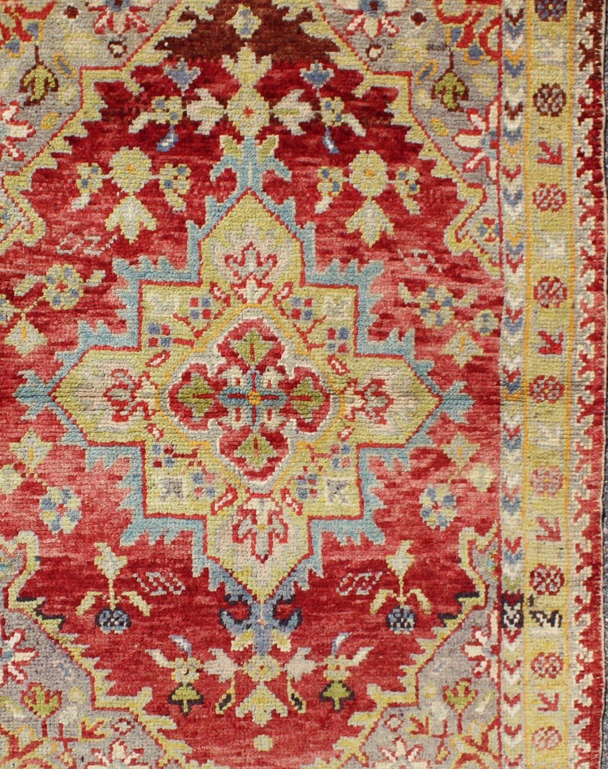 Hand-Knotted Antique Turkish Oushak  Medallion Rug in Red, Chartreus Green, Gray & Light Blue For Sale