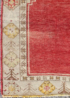 Antique Turkish Oushak Prayer Rug in Red, Ivory, Green, and Yellow