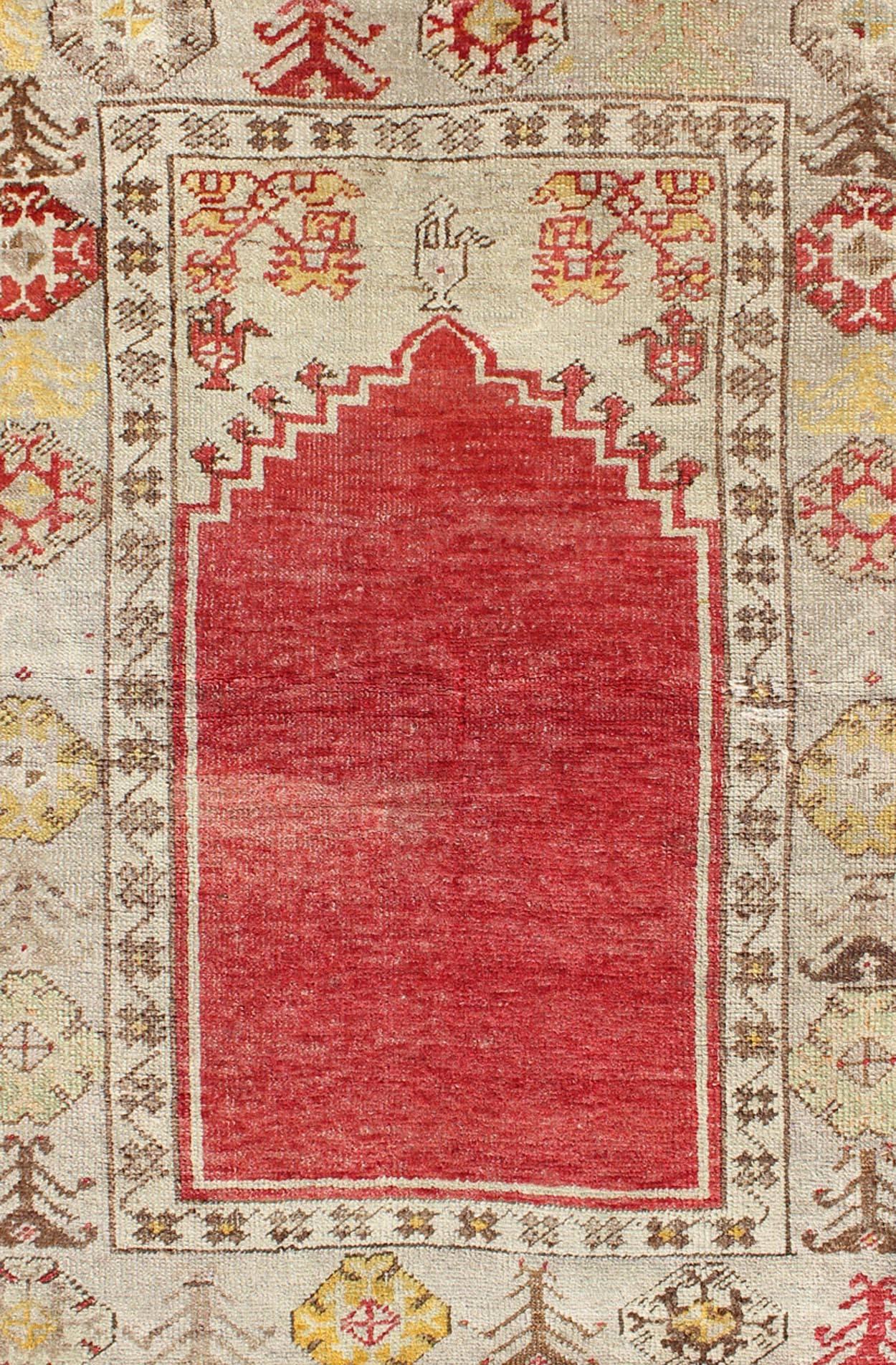 Hand-Knotted Antique Turkish Oushak Prayer Rug in Red, Ivory, Green, and Yellow