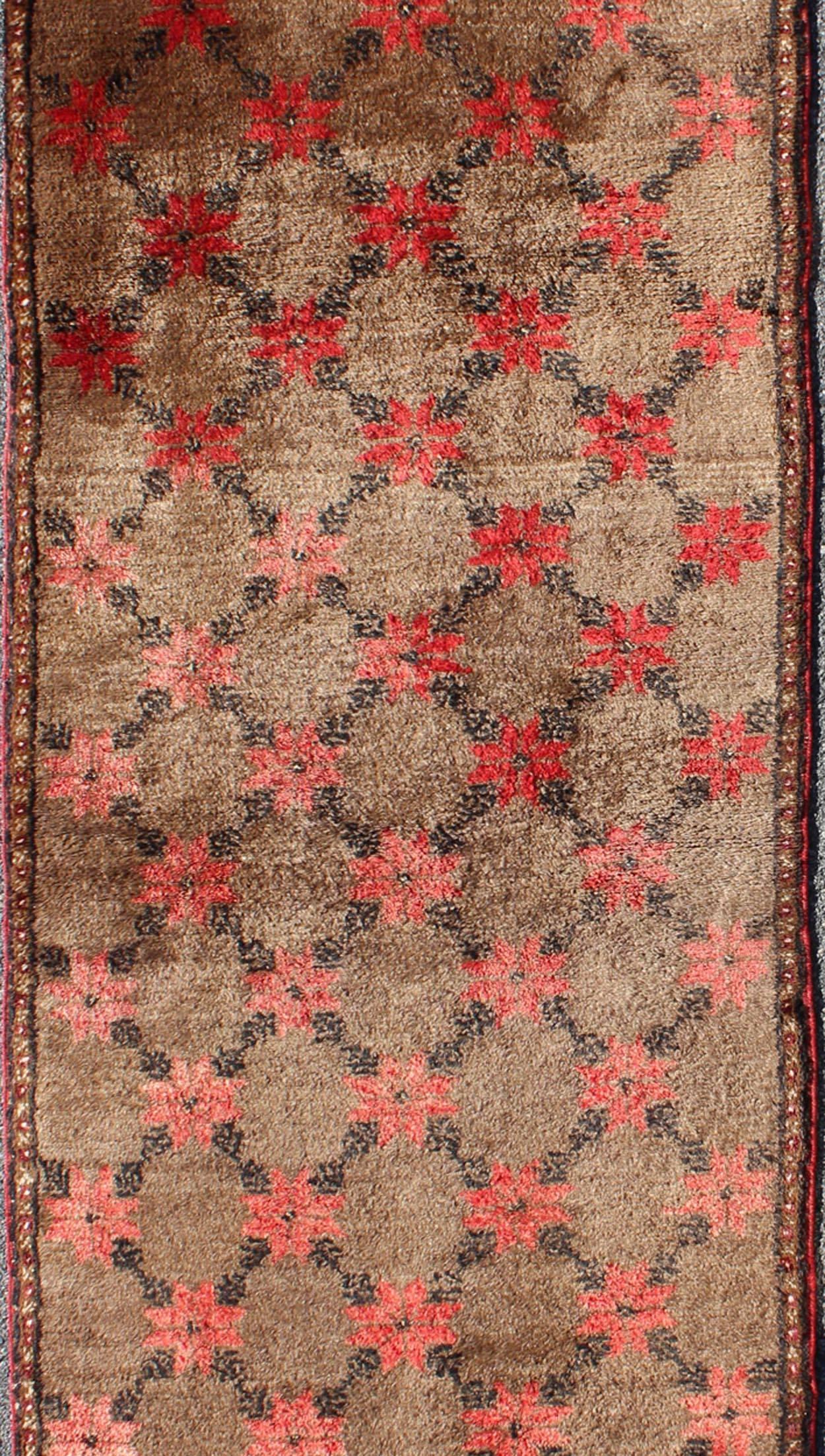 Hand-Knotted Turkish Tulu Runner with Poinsettias Design in Brown, Charcoal, Red and Ivory For Sale