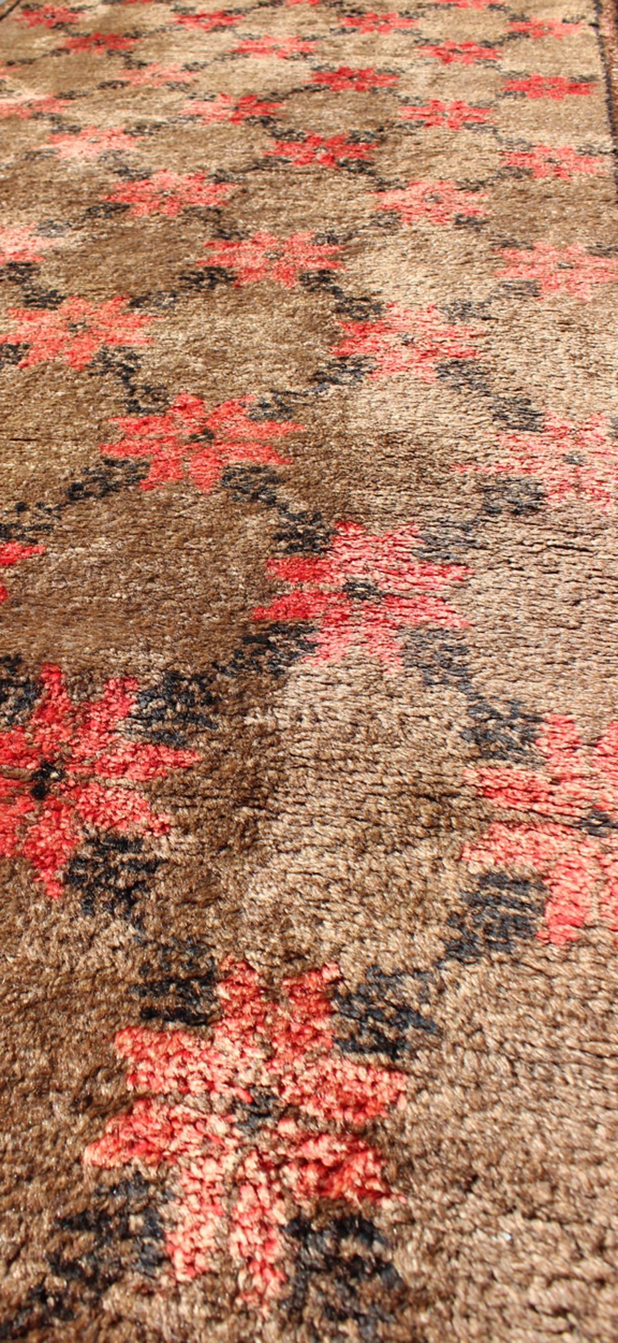 20th Century Turkish Tulu Runner with Poinsettias Design in Brown, Charcoal, Red and Ivory For Sale