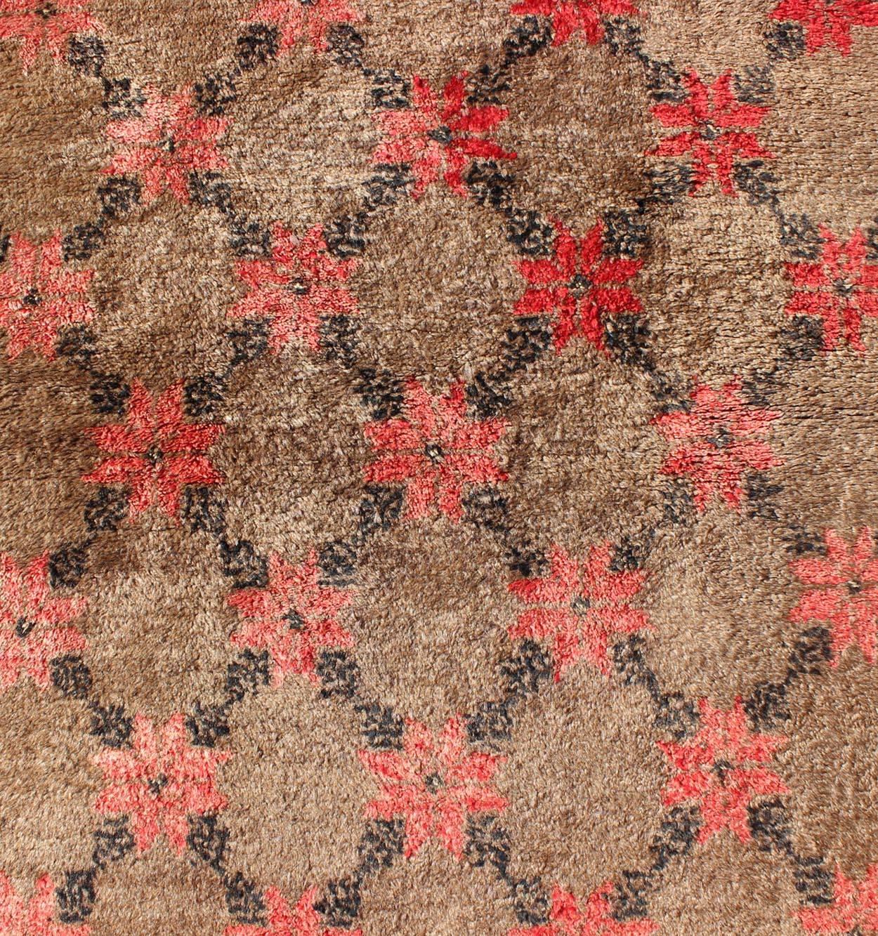 Wool Turkish Tulu Runner with Poinsettias Design in Brown, Charcoal, Red and Ivory For Sale