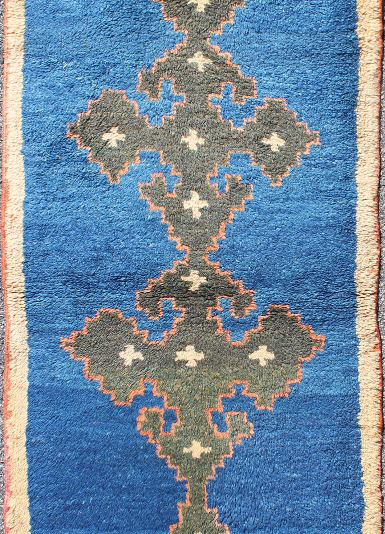 Hand-Knotted Turkish Vintage Tulu Runner with Cross-Shaped Medallions in Orange, Green & Blue