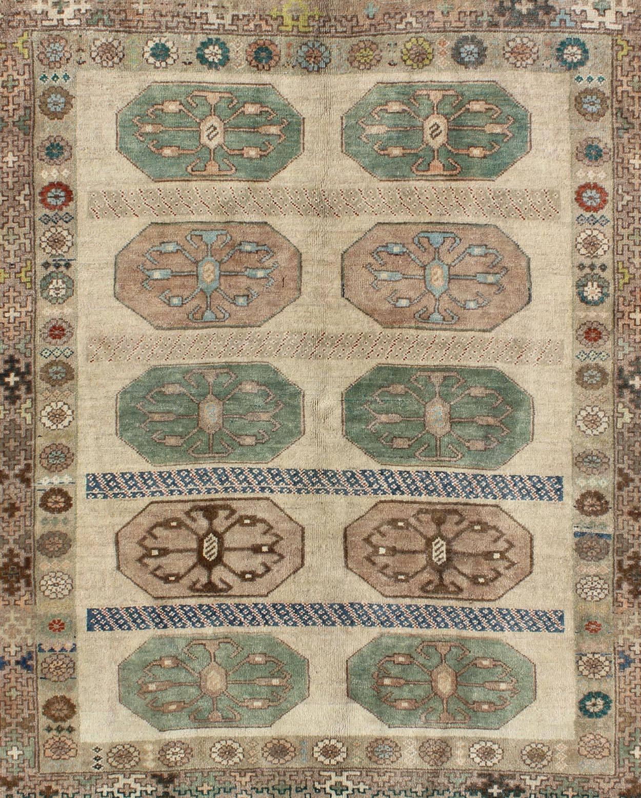 Hand-Knotted Midcentury Turkish Oushak Rug with Ten Geometric Medallions in Teal and Cream For Sale