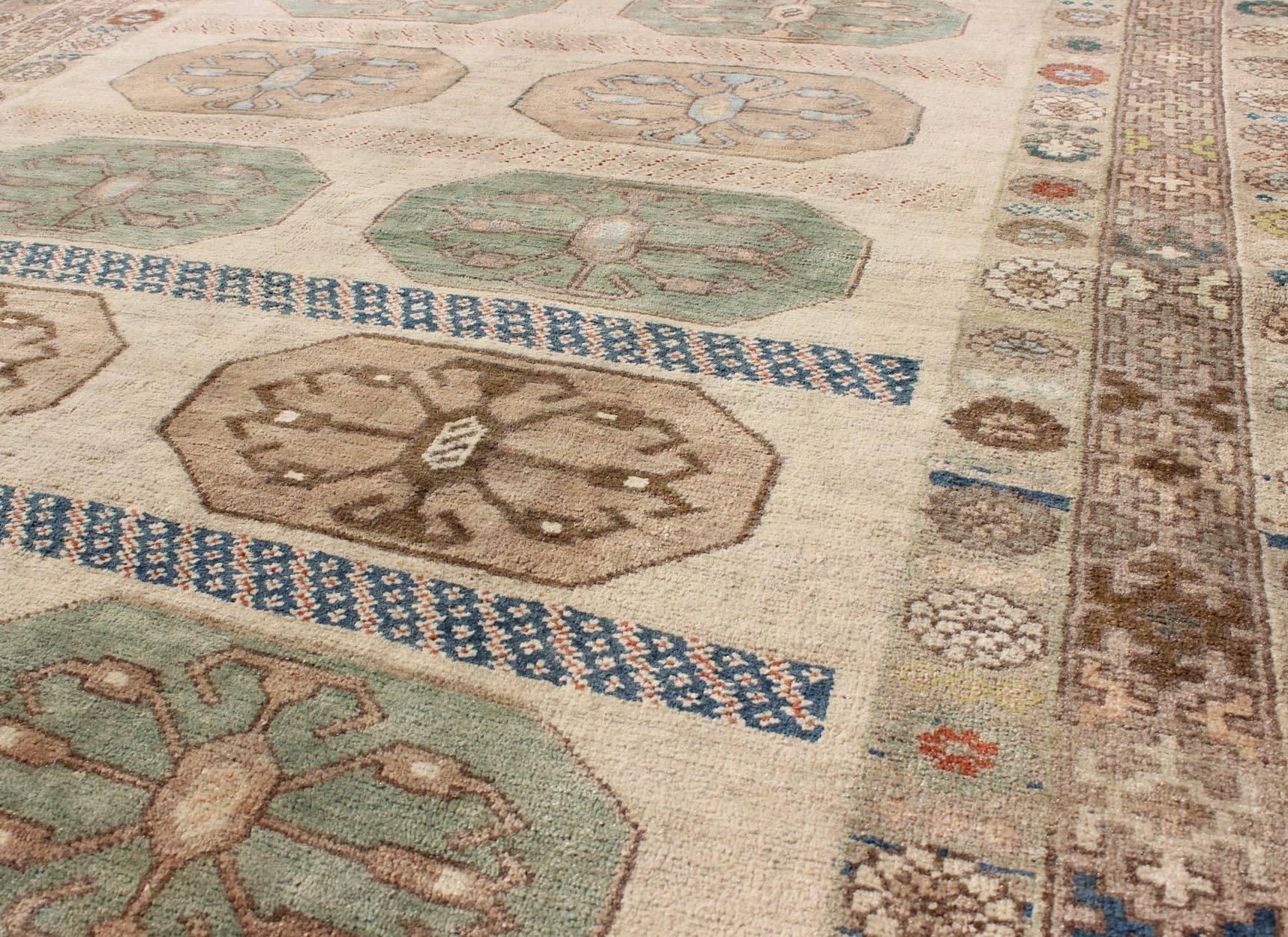 20th Century Midcentury Turkish Oushak Rug with Ten Geometric Medallions in Teal and Cream For Sale