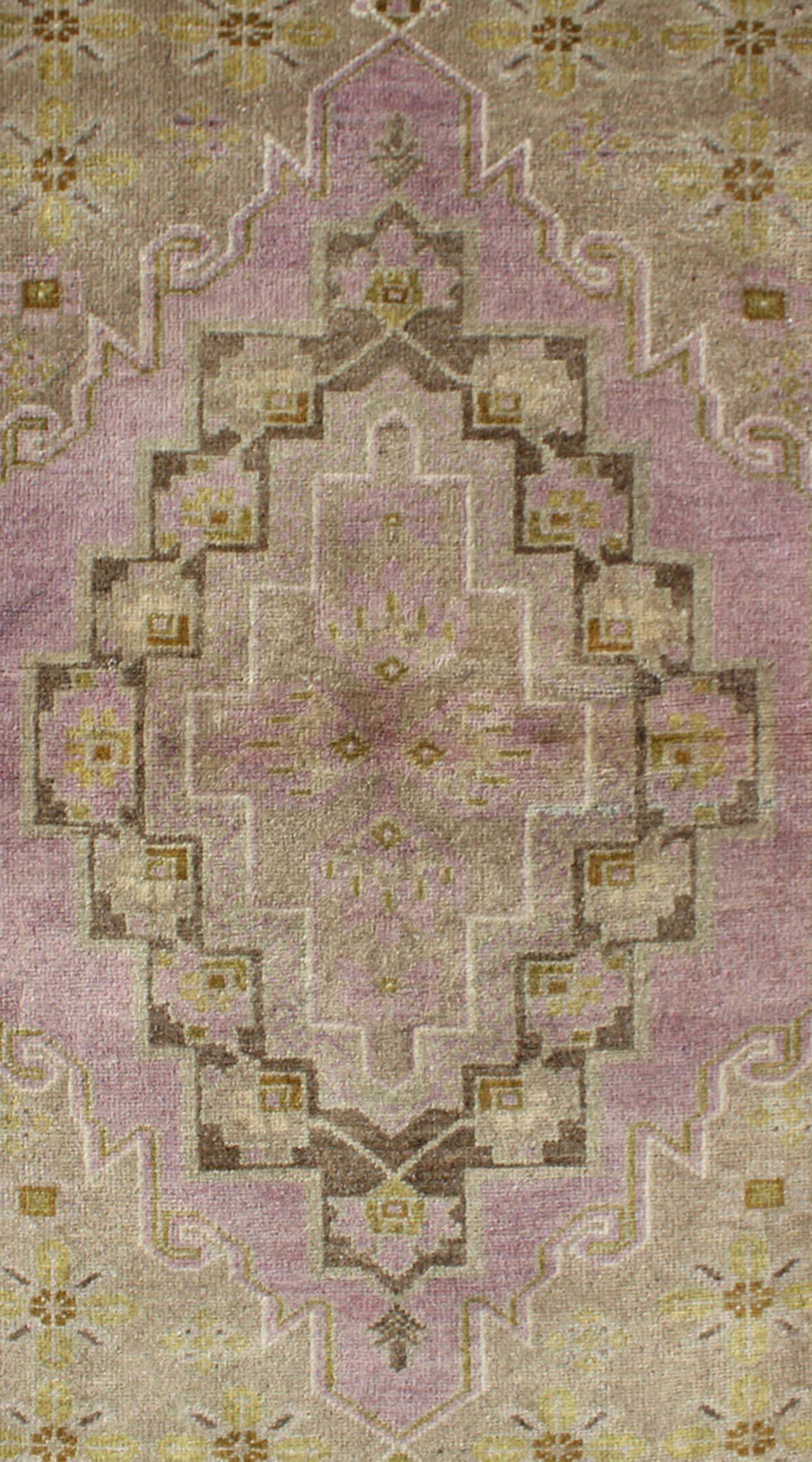 Hand-Knotted Turkish Oushak Vintage Rug with Multi-Layered Medallion in Lavender and Green For Sale