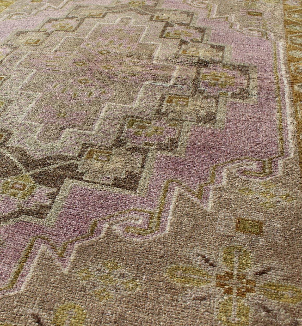 20th Century Turkish Oushak Vintage Rug with Multi-Layered Medallion in Lavender and Green For Sale