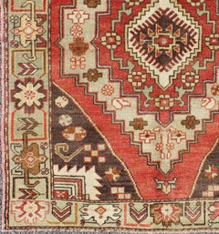 Multi-Layered Medallion Vintage Turkish Oushak Rug in Red, Brown, Mint Green