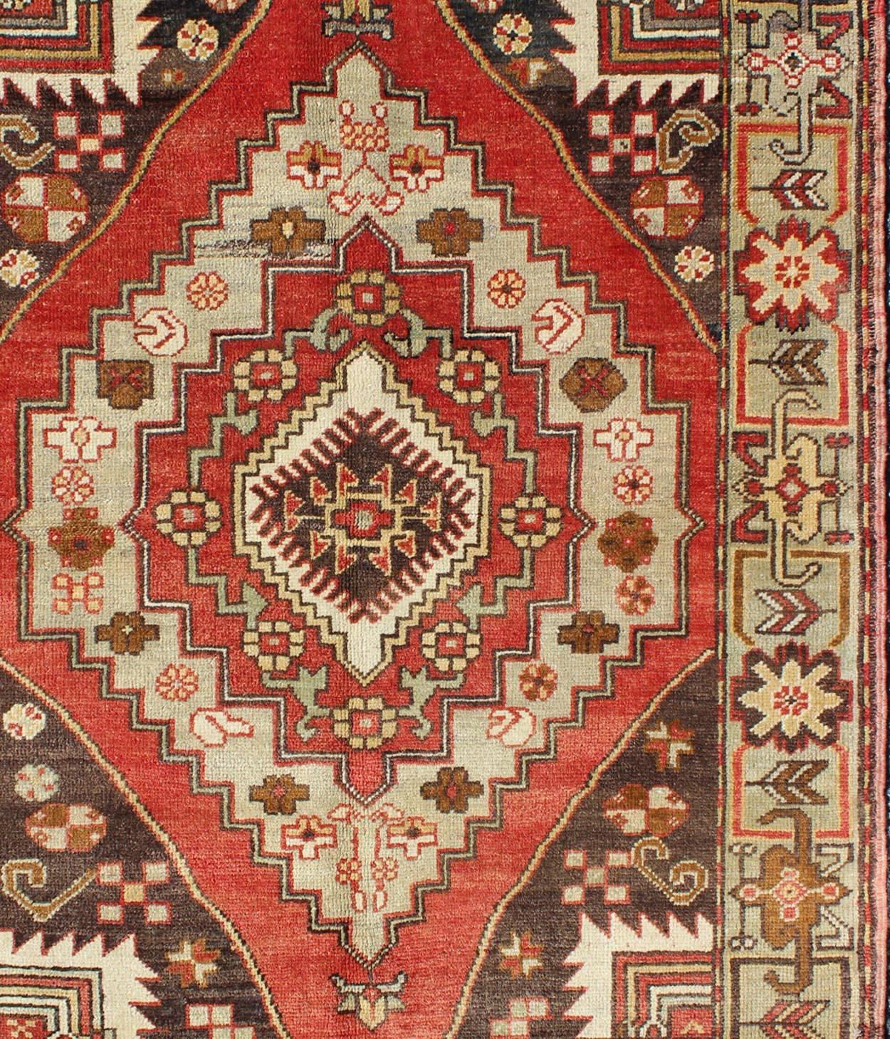 Hand-Knotted Multi-Layered Medallion Vintage Turkish Oushak Rug in Red, Brown, Mint Green For Sale