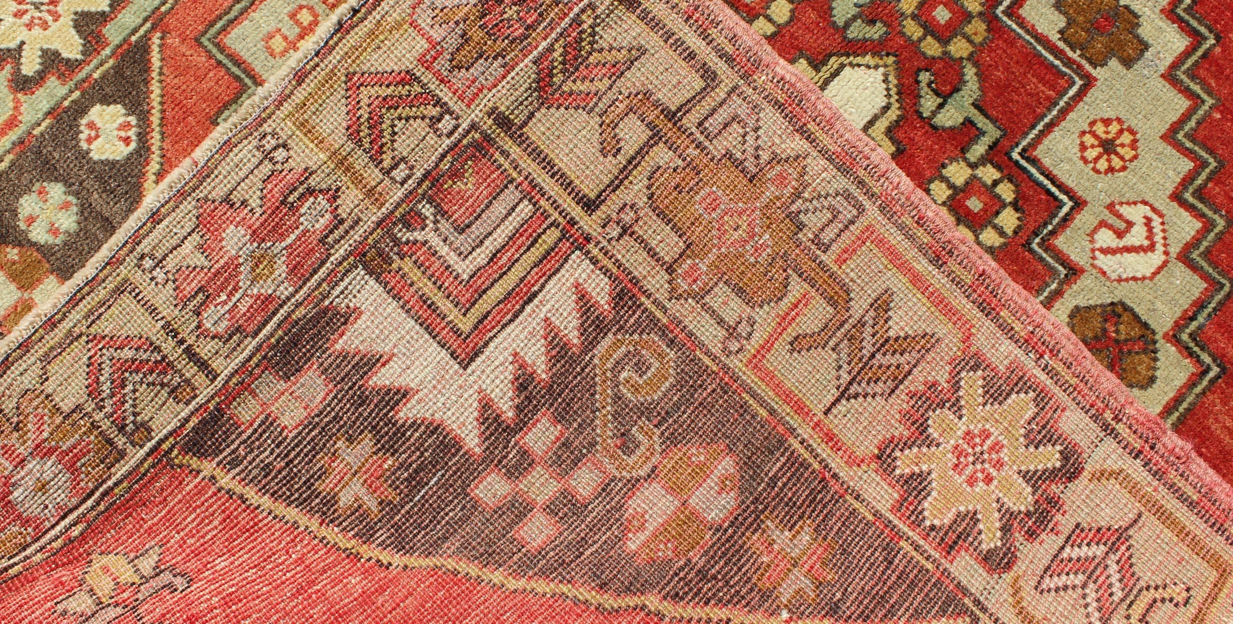 20th Century Multi-Layered Medallion Vintage Turkish Oushak Rug in Red, Brown, Mint Green For Sale