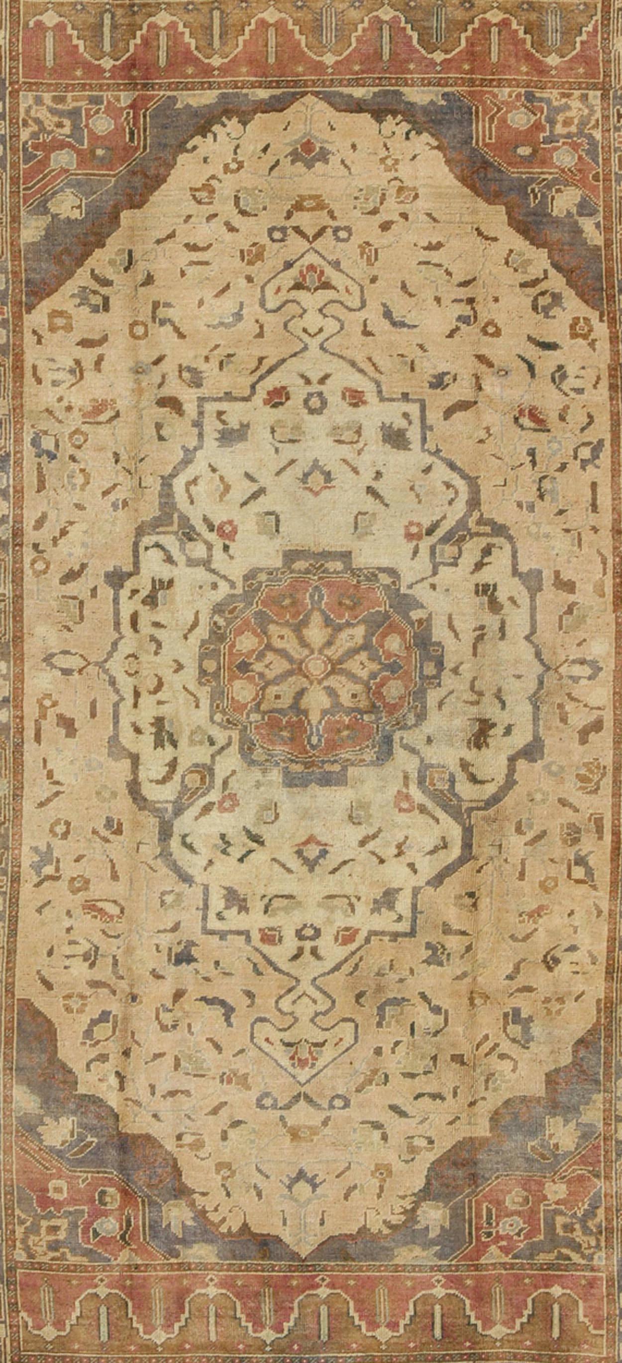 Hand-Knotted Turkish Oushak Rug Vintage with Layered Medallion in Ivory, Red, Blue and Olive For Sale