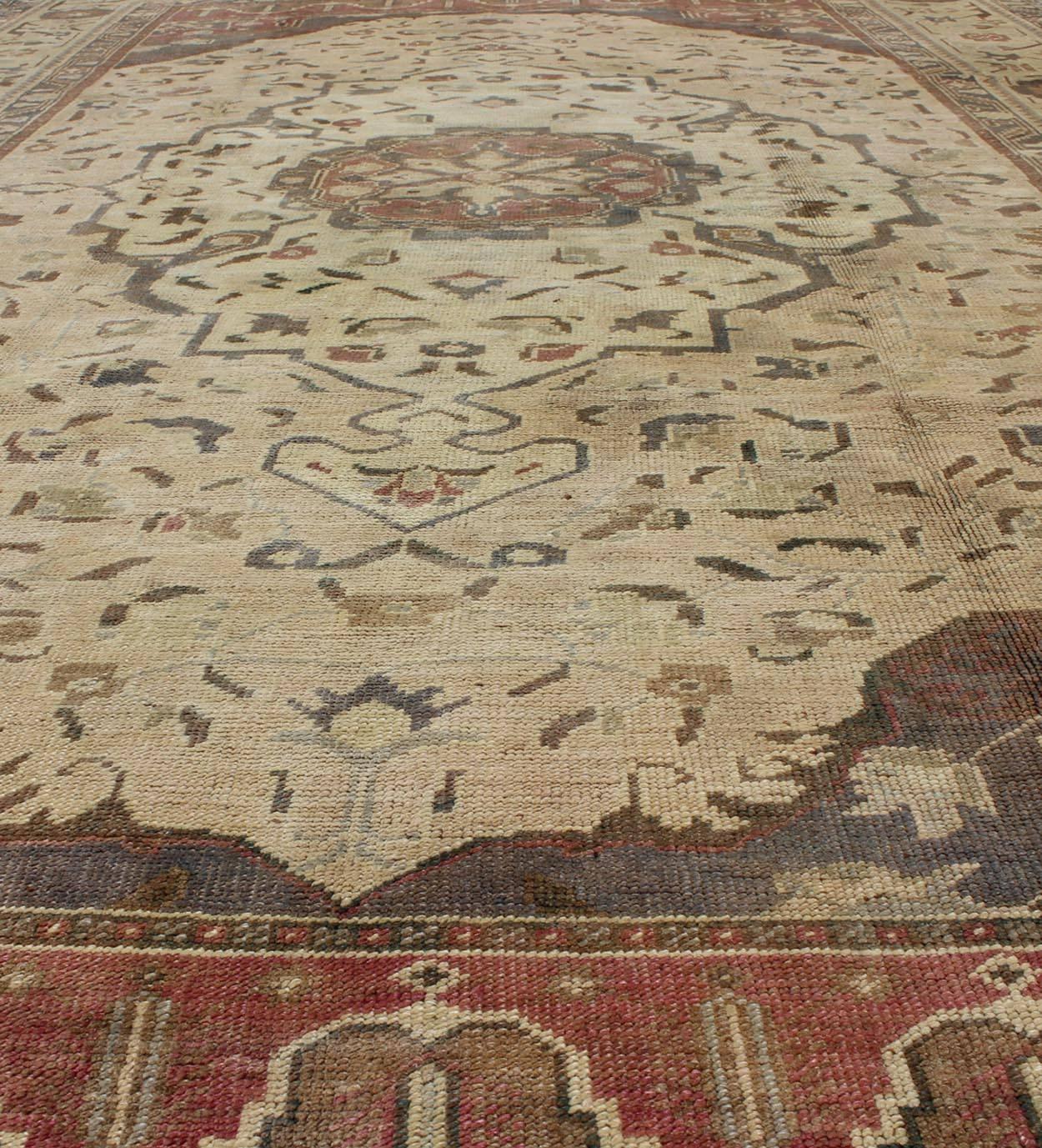 Wool Turkish Oushak Rug Vintage with Layered Medallion in Ivory, Red, Blue and Olive For Sale