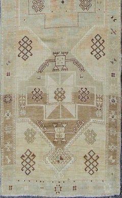 Midcentury Vintage Turkish Oushak Runner with Geometric Tribal Medallions