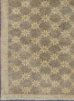 Vintage Turkish Oushak Rug with Repeating Star Pattern in Faded Brown and Sand