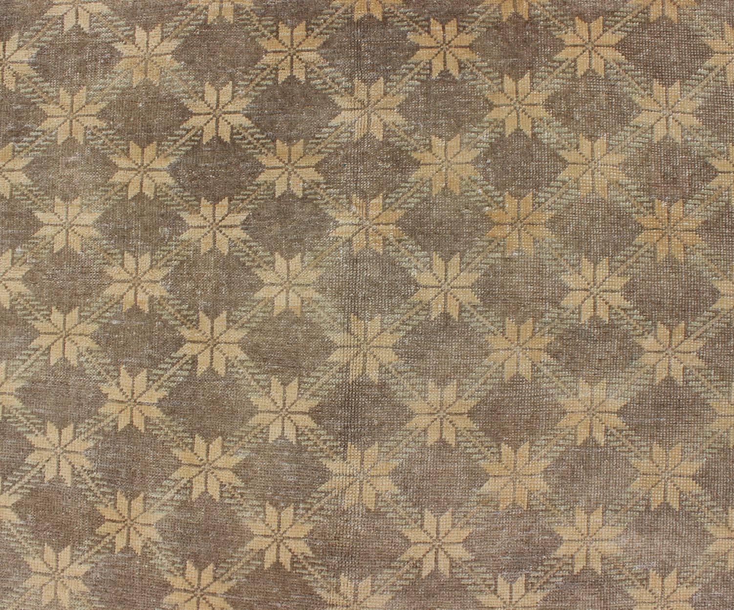Wool Brown Midcentury Vintage Turkish Oushak Rug with Floral or Star Lattice Pattern For Sale