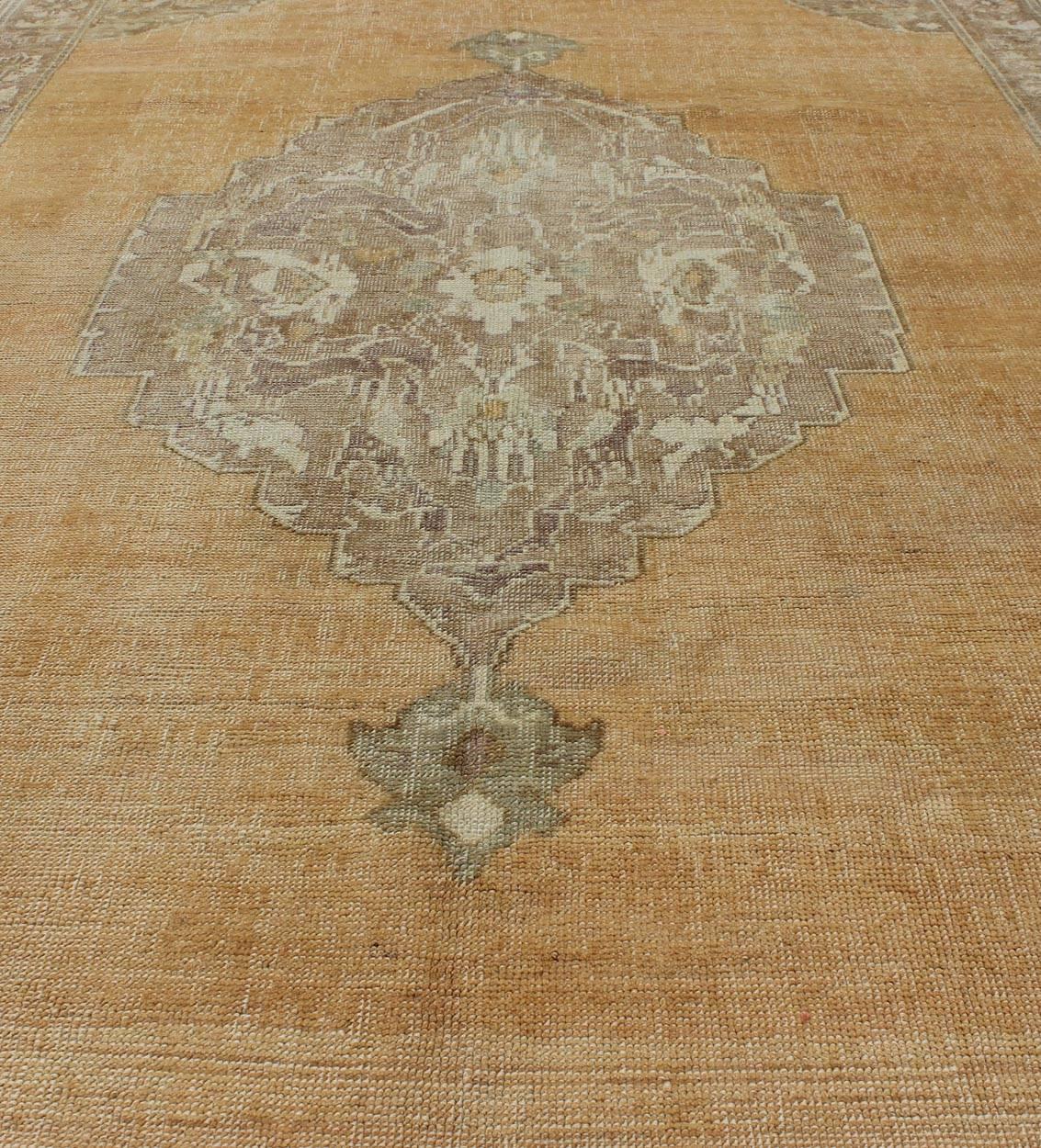 Wool Vintage Turkish Oushak Rug with Floral Medallion in Faded Orange and Light Brown