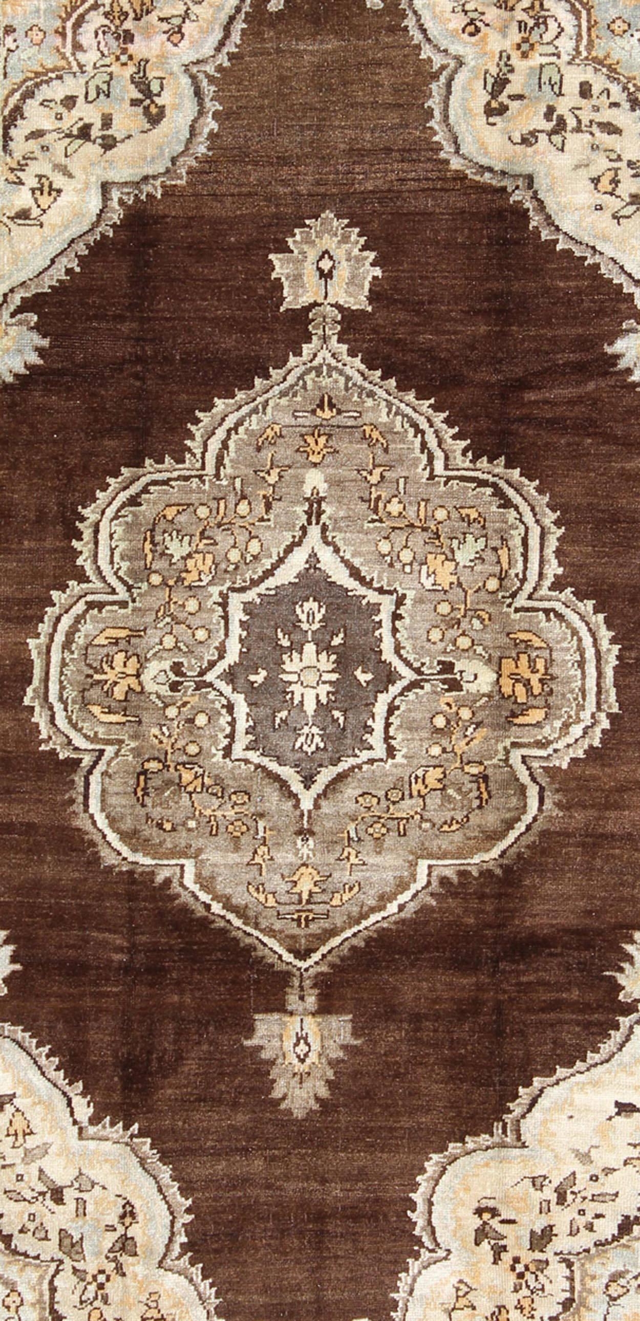 Oushak Brown Background Floral Medallion Vintage Turkish Kars Rug in Ivory and Taupe For Sale
