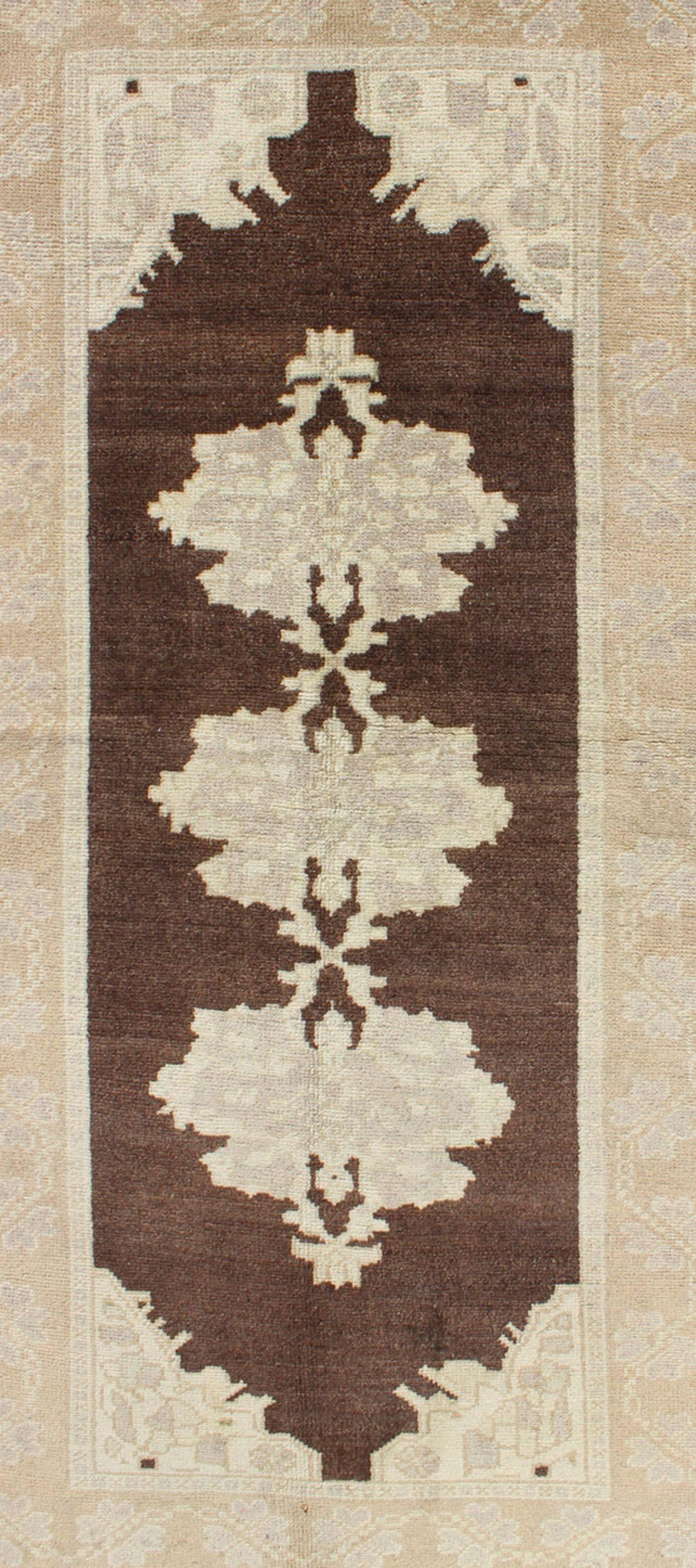 Hand-Knotted Brown Background Vintage Turkish Oushak Runner with Medallions in Cream & Ivory