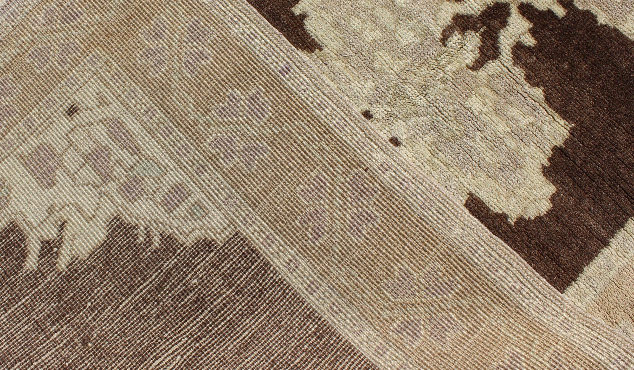 Wool Brown Background Vintage Turkish Oushak Runner with Medallions in Cream & Ivory