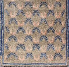 All-Over Vintage Turkish Tulu Rug with Vining Latticework in Tan, Cream and Blue