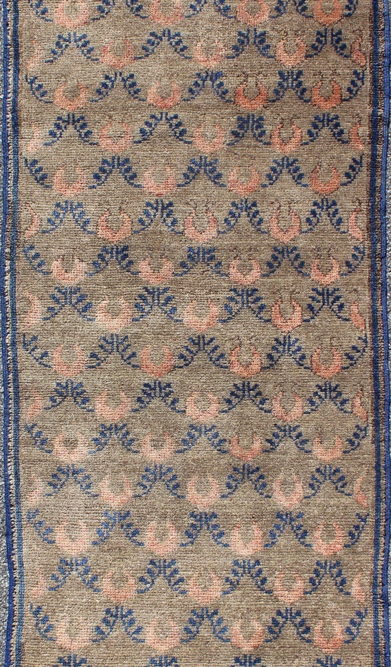 Hand-Knotted All-Over Vintage Turkish Tulu Rug with Vining Latticework in Tan, Cream and Blue For Sale