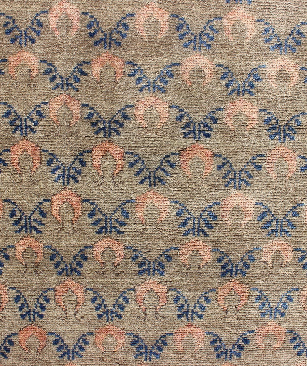 Wool All-Over Vintage Turkish Tulu Rug with Vining Latticework in Tan, Cream and Blue For Sale