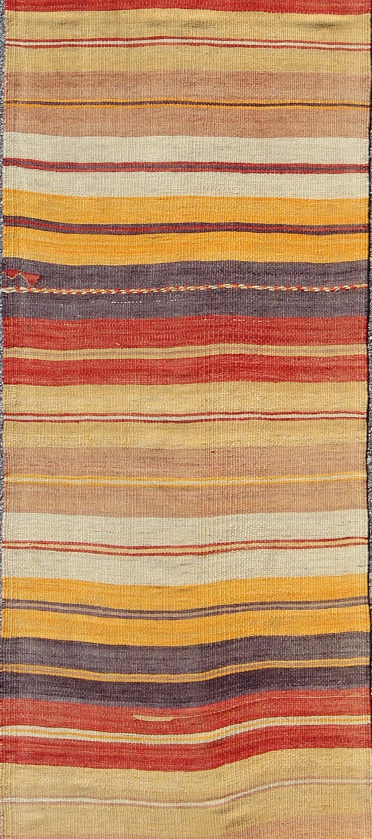 Hand-Woven Colorful Vintage Turkish Kilim Rug with Horizontal Stripe Design For Sale