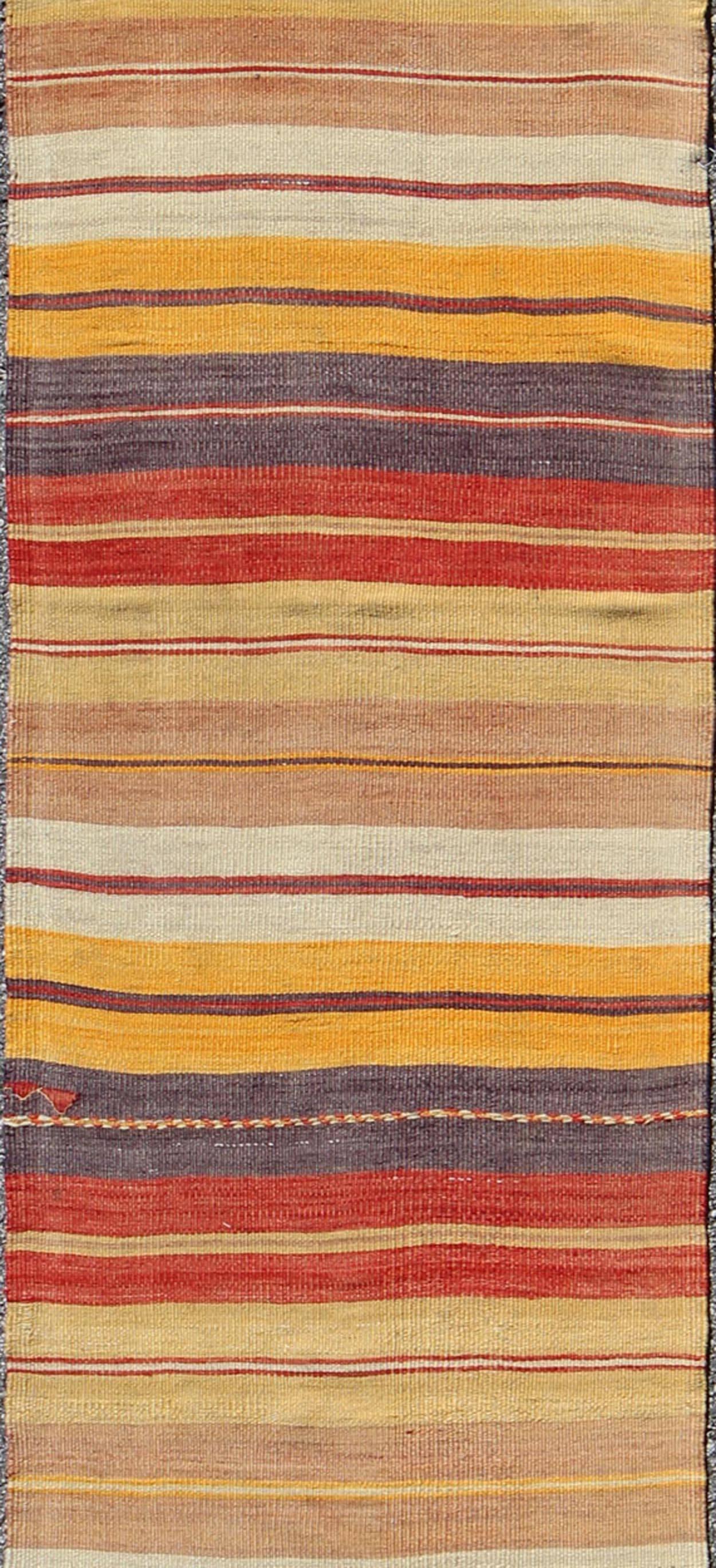 Colorful Vintage Turkish Kilim Rug with Horizontal Stripe Design In Excellent Condition For Sale In Atlanta, GA